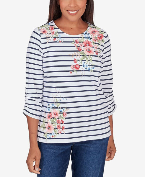 Petite A Fresh Start Ruched Sleeve Striped Floral Top