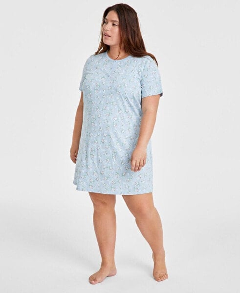 Plus Size Cotton Ditsy Floral Henley Sleepshirt, Created for Macy's