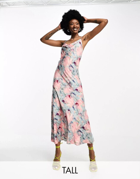 Object Tall satin slip midi dress in blurred pink watercolour print