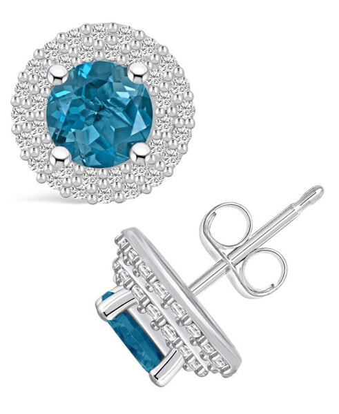 London Topaz (2-1/3 ct. t.w.) and Diamond (1/2 ct. t.w.) Halo Stud Earrings in 14K White Gold