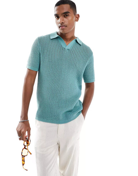 ASOS DESIGN lightweight knitted pointelle notch neck polo in teal