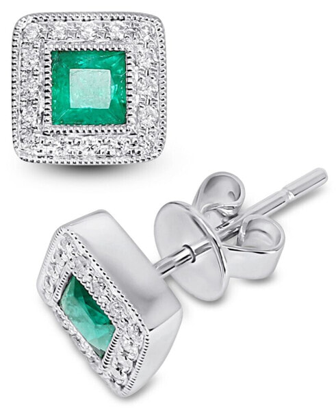 Emerald (3/8 ct. t.w.) & Diamond (1/8 ct. t.w.) Square Halo Stud Earrings in 14k White Gold