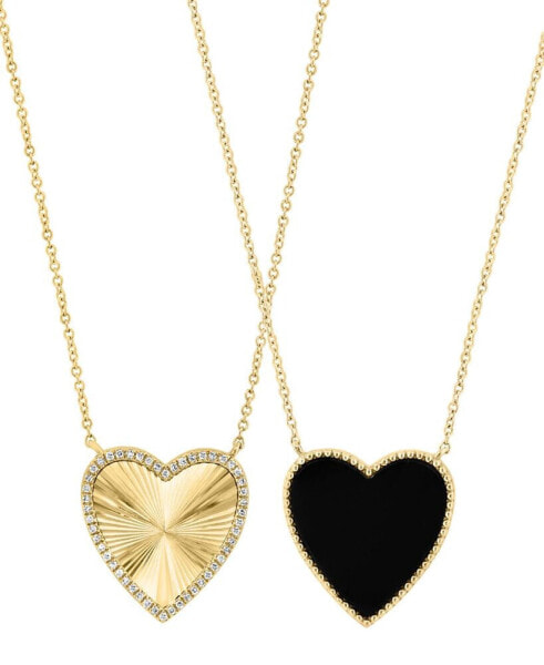 EFFY® Onyx & Diamond (1/10 ct. t.w.) Heart Reversible 18" Pendant Necklace in 14k Gold