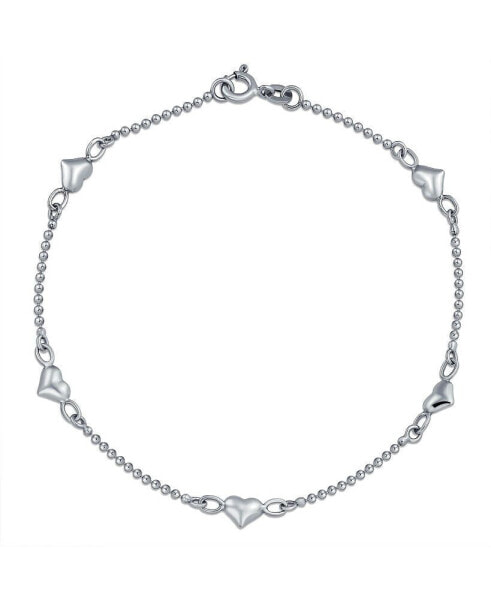 Multi Puff Station Hearts Charm Anklet Ankle Bracelet For Women Beaded Ball Chain Sterling Silver 9 Inch Flexible