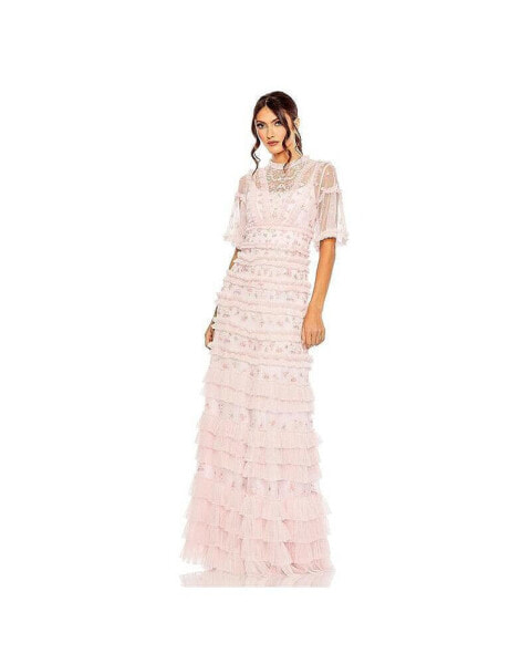 Women's High Neck Ruffle Tiered Floral Gown