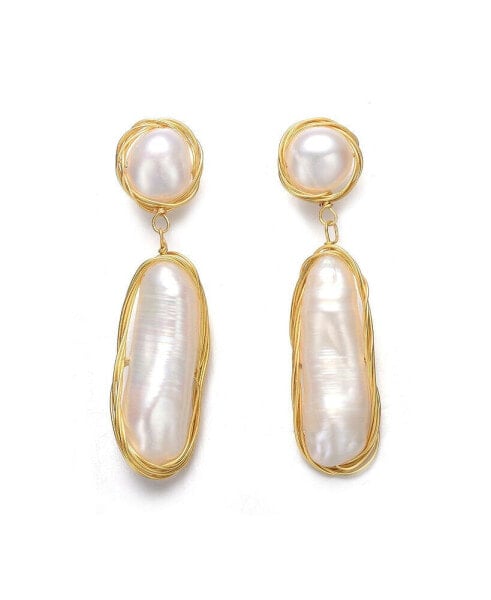 Sterling Silver with 14K Gold Plated and 2 Genuine Freshwater Pearl Dangling Earrings