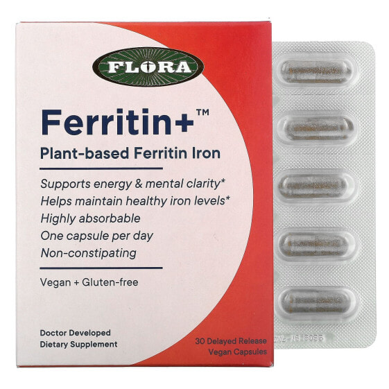 Витамины Flora Ferritin+ на растительной основе, 30 капсул для веганов с замедленным высвобождением