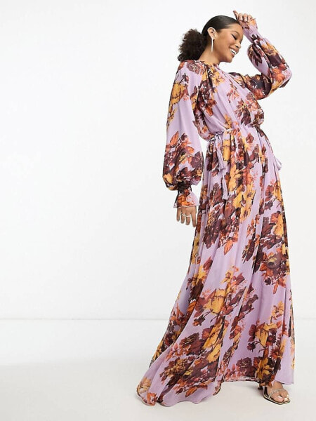 ASOS DESIGN elasticated neck trapeze maxi dress with tie waist and shirred cuff in bold floral print