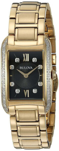 Womens 28 Diamond Dress Watch - Gold-Tone - Black Dial - Rectangular Case