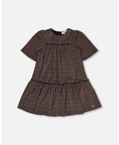 Big Girls Short Sleeve Metallic Dress With Frills Golden Brown