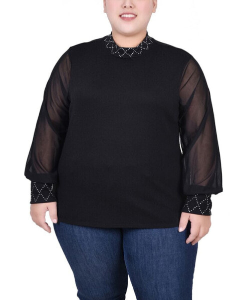 Plus Size Long Mesh Sleeve Pullover Top with Jewels