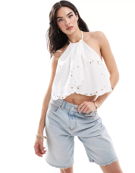 Pull&Bear broderie wrap detail halterneck top in white