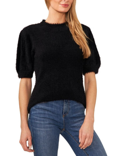 Women's Short-Sleeve Mock-Neck Eyelash Sweater