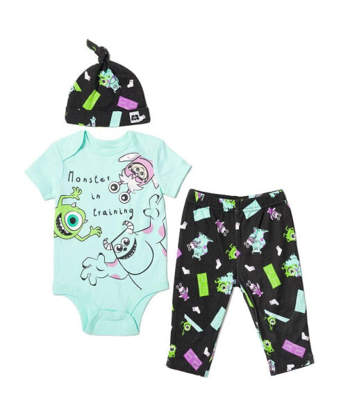 Pixar Monsters Inc. Sully Boo Mike Boys Bodysuit Pants and Hat 3 Piece Outfit Infant
