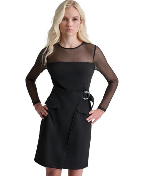 Women's Mesh Yoke Long-Sleeve Scuba Crepe Dress