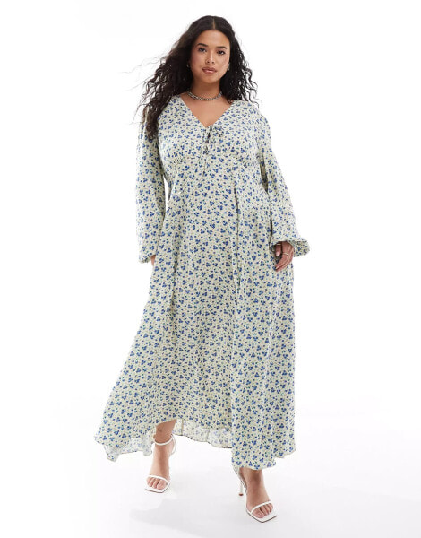 ASOS DESIGN Curve viscose v-neck long sleeve midi dress with tie front detail in ditsy floral