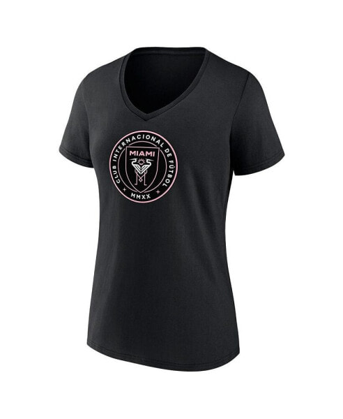 Women's Lionel Messi Black Inter Miami CF Authentic Stack Name Number V-Neck T-Shirt