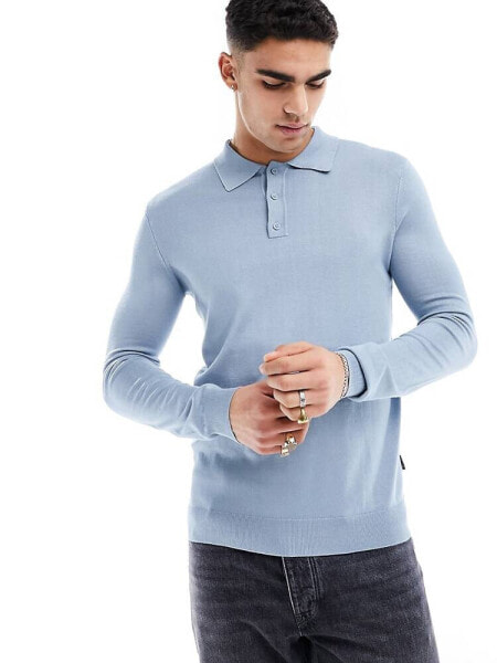 ONLY & SONS knitted long sleeve polo in light blue