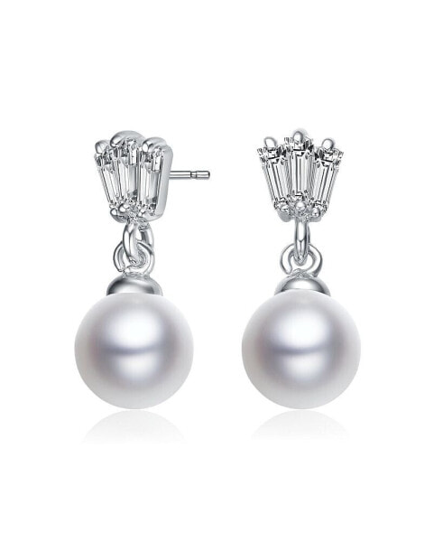 GV Sterling Silver White Gold Plated White Round Freshwater Pearl with Clear Baguette Cubic Zirconia Drop Earrings