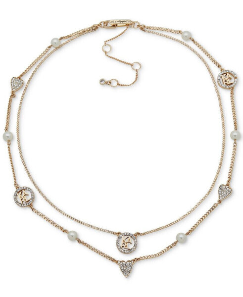 KARL LAGERFELD PARIS gold-Tone Pavé Heart, Logo & Imitation Pearl Layered Collar Necklace, 16" + 3" extender