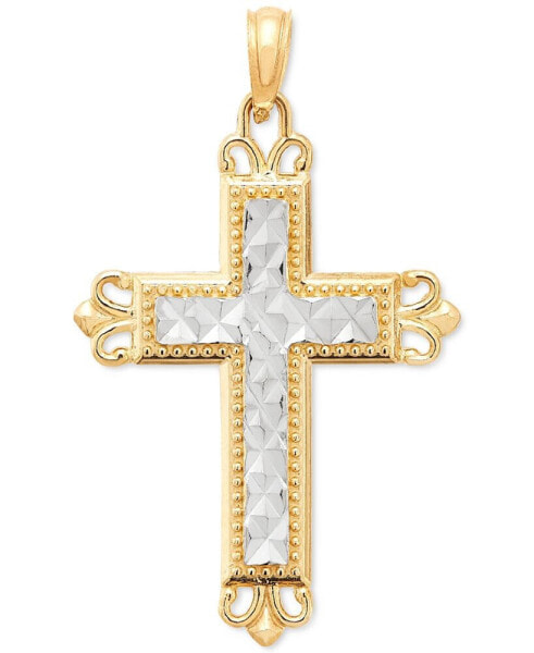 Ornate Two-Tone Cross Pendant in 14k Gold