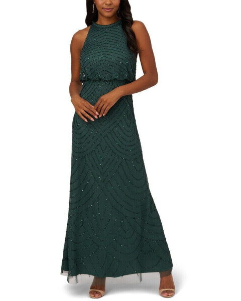 Adrianna Papell Beaded Halter Long Dress Women's 16