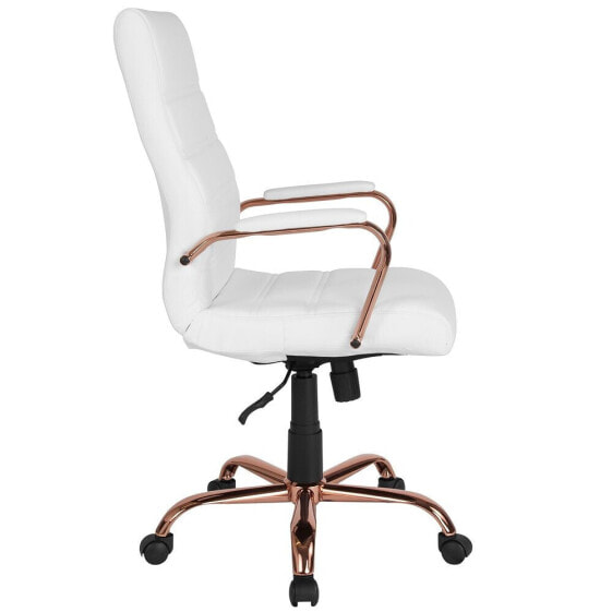 High Back White Leather Executive Swivel Chair With Rose Gold Frame And Arms