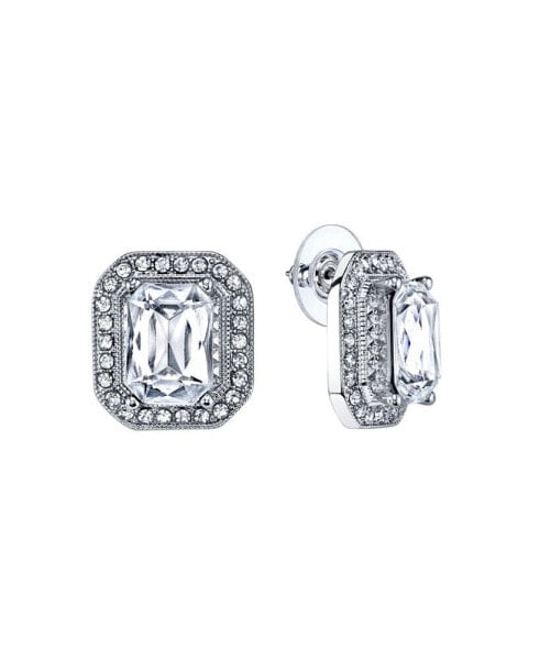 Silver-Tone Crystal Octagon Button Earrings