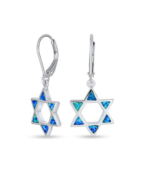 Created Blue Opal Religious Judaica Magen Hanukkah Star Of David Leverback Dangle Earrings For Women Bat Mitzvah Sterling Silver