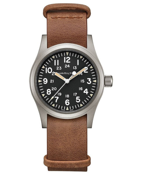 Unisex Swiss Mechanical Khaki Field Brown Leather Strap Watch 38mm