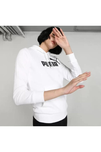 Толстовка женская PUMA Kadın Beyaz Siyah Kapşonlu ESS Logo Hoodie Sweatshirt