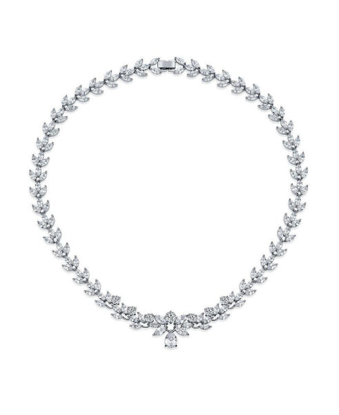 Classic Bridal Marquise Cut Cubic Zirconia Drop Teardrop AA CZ Statement Collar Tennis Necklace For Women Wedding Prom Pageant Silver Plated