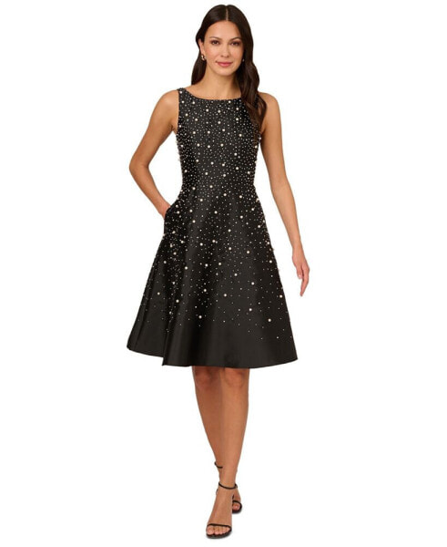 Women's Beaded Fit & Flare Taffeta Dress