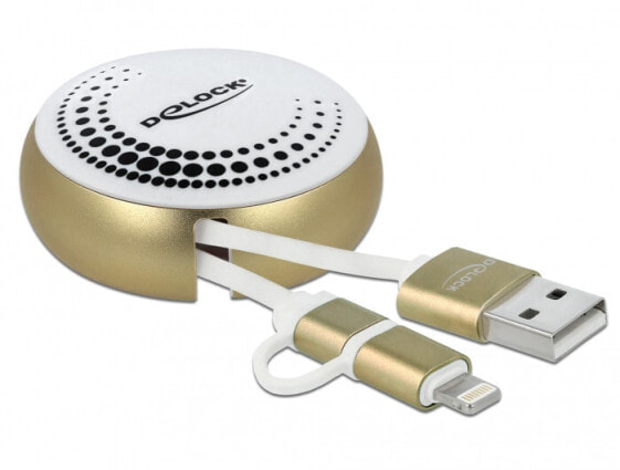 Delock USB 2.0 2 in 1 Retractable Cable Type-A to Micro-B and Lightning™ white / gold - 0.92 m - USB A - Micro-USB B/Lightning - USB 2.0 - Gold - White