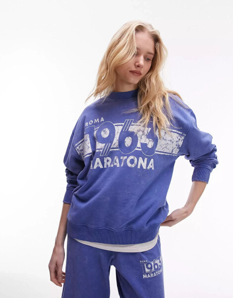 Topshop co ord graphic 1863 maratona vintage wash oversized sweat in blue