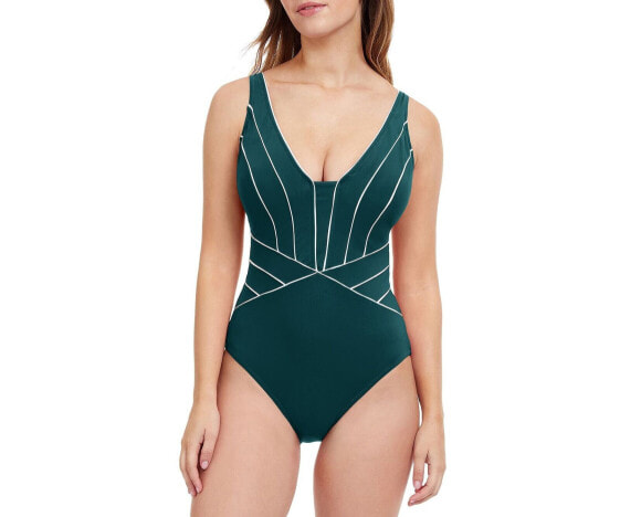 Profile by Gottex Line Up V-Neck One Piece Swimsuit Green Size 40