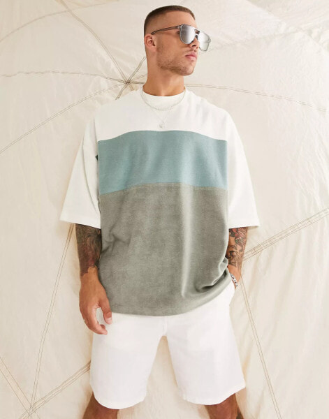 ASOS DESIGN oversized t-shirt in green colour block in towelling