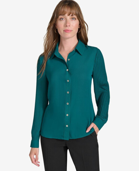 Women's Pleated Long Sleeve Button Down