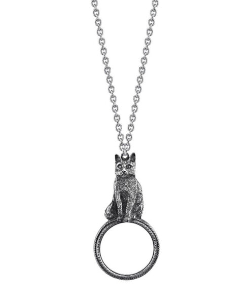 Pewter Cat Magnifying Glass Pendant Necklace 30"
