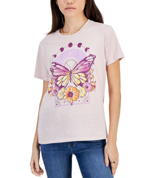 Juniors' Butterfly Floral Crewneck Graphic T-Shirt