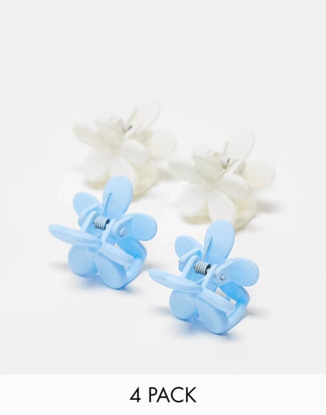 DesignB London pack of 4 mini flower hair clips in blue and white