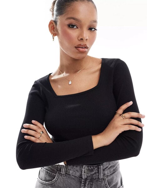 Threadbare ribbed long sleeve bodysuit in black