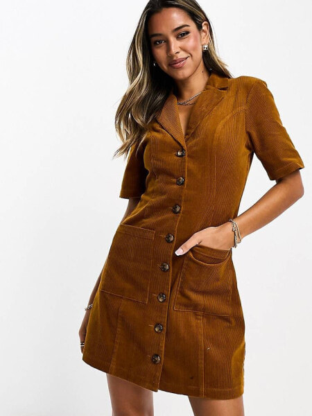 ASOS DESIGN button through cord mini dress in tobacco