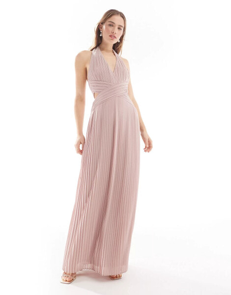 TFNC Bridesmaid chiffon halter neck pleated maxi dress in soft pink