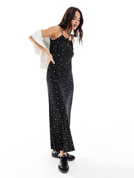 Miss Selfridge tie front bias cut maxi slip dress in black bow polka dot