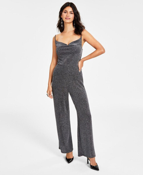 Women's Cowl Neck Metallic-Knit Jumpsuit, Created for Macy's