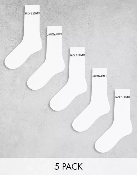 Jack & Jones 5 pack ribbed logo socks in white