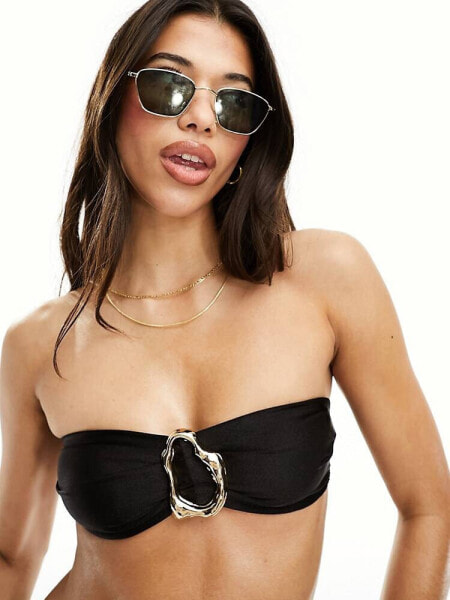 ASOS DESIGN sleek bandeau bikini top with gold hardware in black 