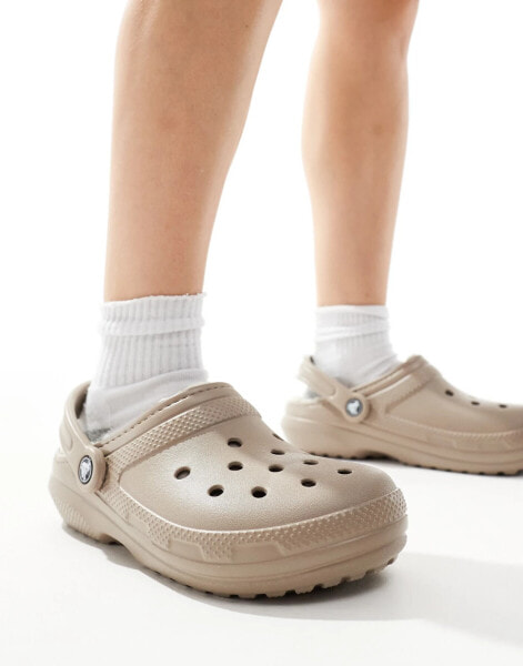 Crocs unisex classic lined clogs in mushroom/bone