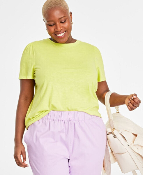 Trendy Plus Size Gathered-Sleeve Crewneck T-Shirt, Created for Macy's